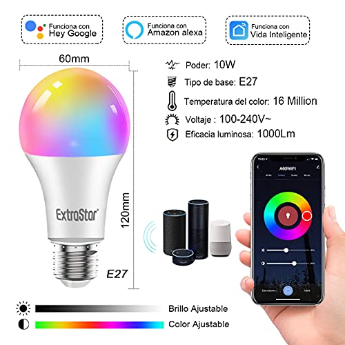 EXTRASTAR Bombilla Alexa LED Intelligente E27, 10W, Regulable Multicolor + Luz Cálida o Blanca, 16 Millones de Colores, Funciona con Alexa y Google Home, Pack de 2 Unidades - imagen 2