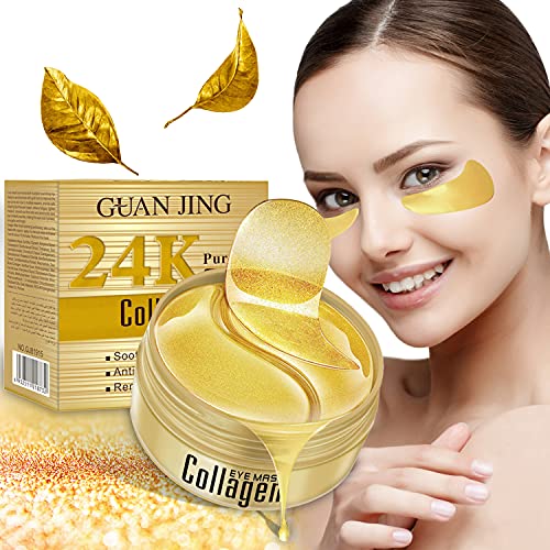 Xnuoyo Máscara para los ojos, Parches Ojos Almohadillas para ojos de colágeno de oro 24K con ácido hialurónico Contorno de Ojos Antiarrugas para patas de gallo e hinchazón Reduce las bolsas 60Pcs