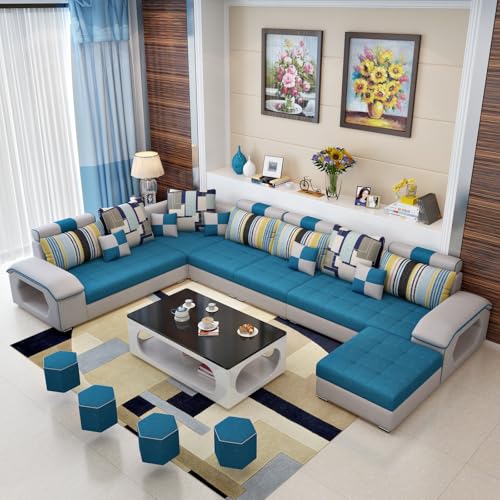 Image of Orions 12 Seater U Shape Sofa Set for Living Room (Aqua Blue & Light Grey) | Premium Fabric Sectional U Shaped Sofa with Ottomans & 4 Puffy