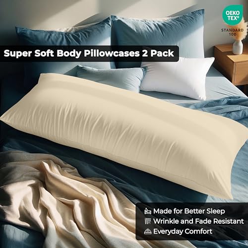 Image of ROYALE LINENS Body Pillow Cover - Double Brushed 1800 Microfiber - 20 inchx54 inch with Hidden Zipper Closure - Wrinkle & Fade Resistant - Super Soft Body Pillowcase 2 Pack (Sand, Pack of 2)