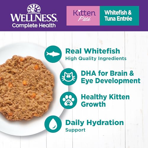 Image of Wellness Complete Health Pate Kitten Canned Wet Cat Food, Natural, Protein Rich, Grain Free, Whitefish and Tuna Entree Recipe, 5.5 oz, Pack of 24 Cans