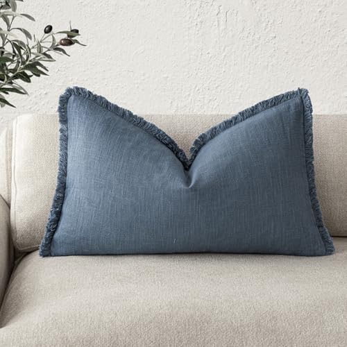 Image of Foindtower Decorative Linen Fringe Lumbar Throw Pillow Covers Cozy Boho Farmhouse Cushion Cover with Tassel Accent Pillowcase for Sofa Bed Living Room Home Decor, 12x20 Inch,1PC,Dark Blue