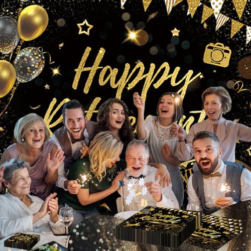 GlamRays 20 Stück Schwarz-Gold-Servietten für Partys, Feiern und den Ruhestand