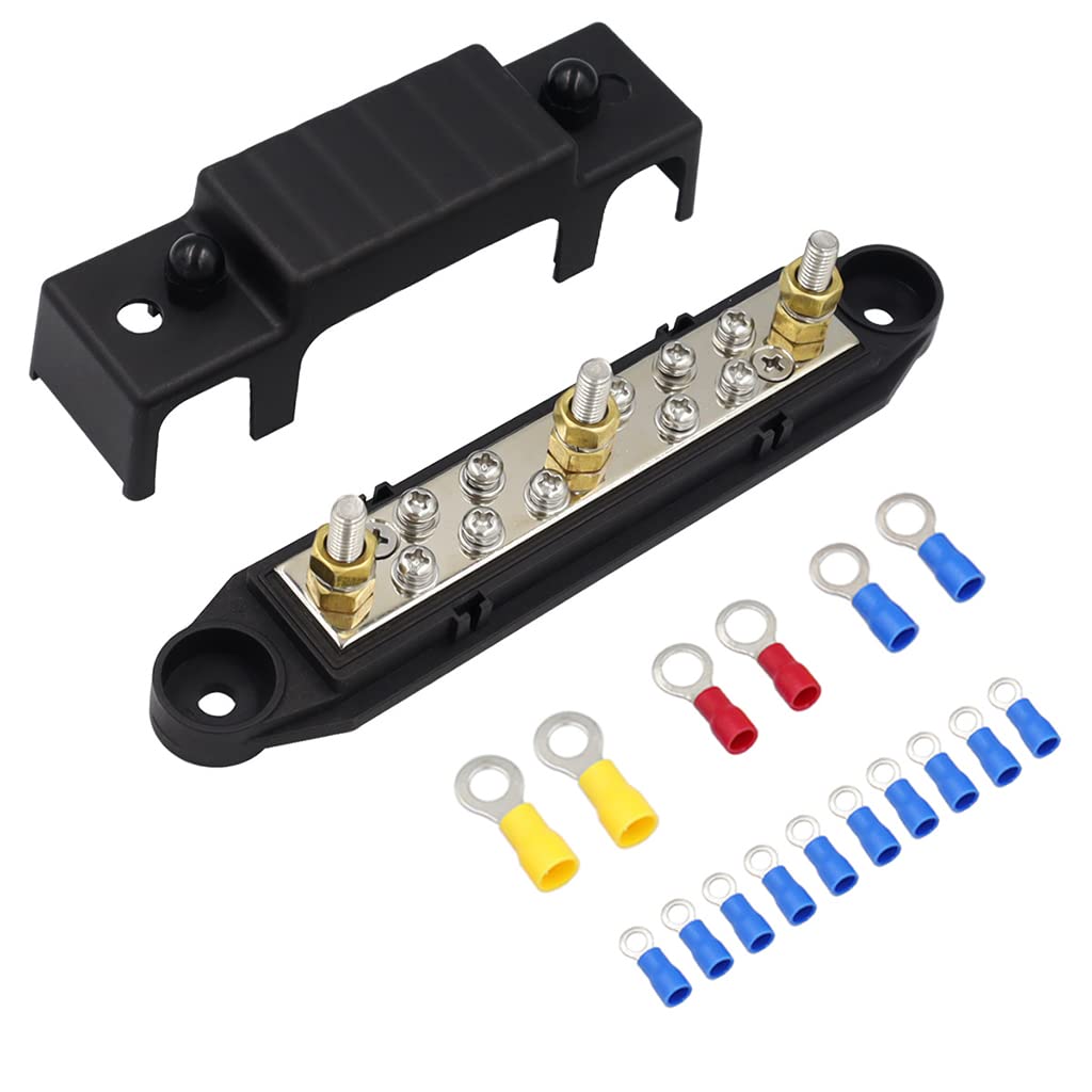 HASTHIPBus Bar-3x1/4'' Post, 10x#8 Screw Terminal Power Distribution Block with 16Pcs Ring Terminals (Black)