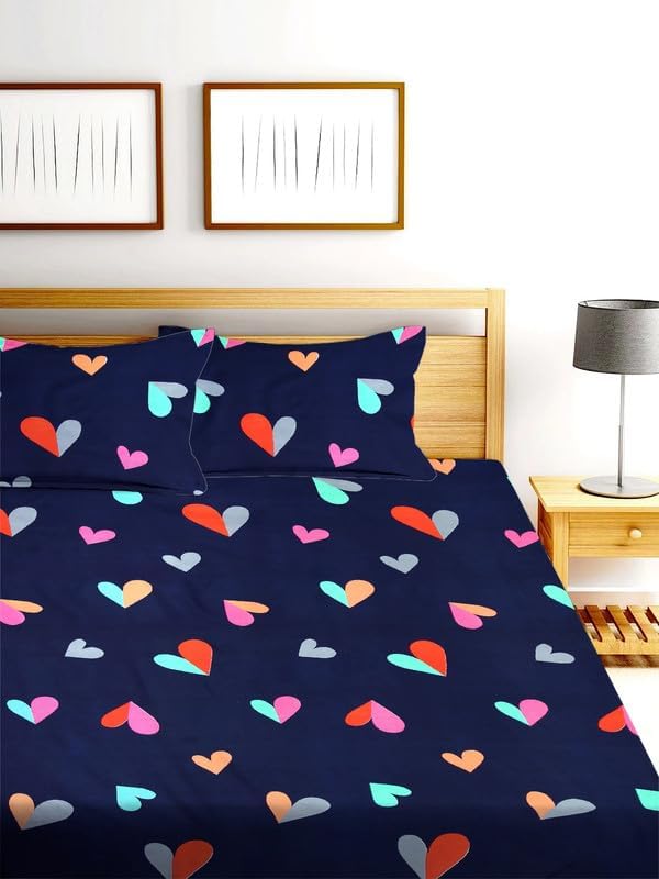 Image of la' amour Premium 100% Cotton Flat Double Bedsheets with 2 Pillow Covers | Double Bed Breathable | Wrinklefree | Ultrasoft 220 TC Supersoft | 90 x 90 Inches, |Navy Blue Red Heart