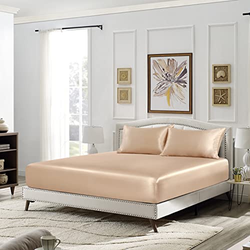 Image of SiinvdaBZX 3-Piece Set Satin King Fitted Sheet & 2 Pillowcase, Beige Silky Soft Fitted Bottom Sheet, Wrinkle Free, Fade Resistant, Deep Pocket Bed Sheet (Deep Up to 15 inch)