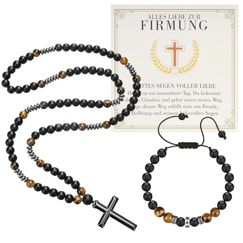 oumuik Coffret cadeau de baptême pour garçon, bracelet œil de tigre + pendentif en forme de croix, carte de vœux et carte cadeau – Pour...