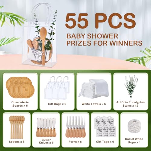 55Pcs Baby Shower Prizes for Game Winners 6 Sets Cheese Board Spoon Fork Butter Spreaders Plaid Towel Thank You Card and Gift Bags for Baby Shower Wedding Bridal Shower Favors (Round Shaped)