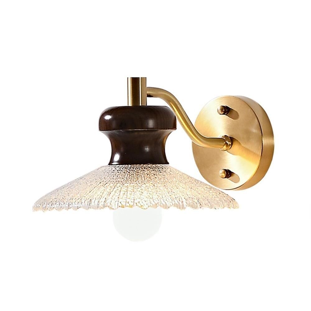 CWCQGH High-end Retro Vintage Wall Lamp Bedside Glass LampShade, Brass Wall Sconce Wooden Wall Mounted Lamp for Bedroom Bedside Living Room Study Room Dining Room Stairs Porch Hall