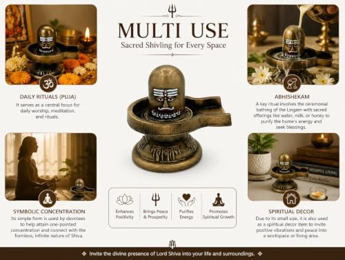Image of Metal Shivling for Home Puja | Antique Brass Finish Shiv Ling Murti | Mahakal Shivling Idol for Temple, Office Desk & Meditation | Shiva Lingam Spiritual Gift (Golden Metal Shivling)