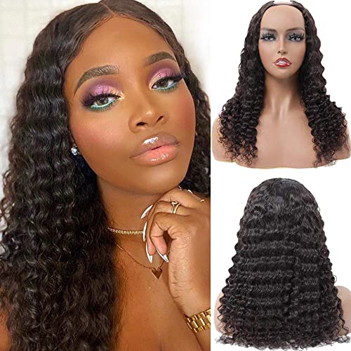 ZIRUI U Part Human Hair Curly Wigs for Black Women 20 Inch Brazilian Virgin Hair Deep Wave Half Wigs Machine Made None Lace 2x4 U Shape Wig Natural Color (20 Inch, Deep Wave)
