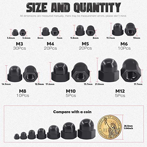 Hilitchi 7Sizes 100Pcs Black Nylon Acorn Nut Metric Inner Threaded Cap Nuts Assortment Kit M3 4 5 6 8 10 12 Dome Nuts #TOP1