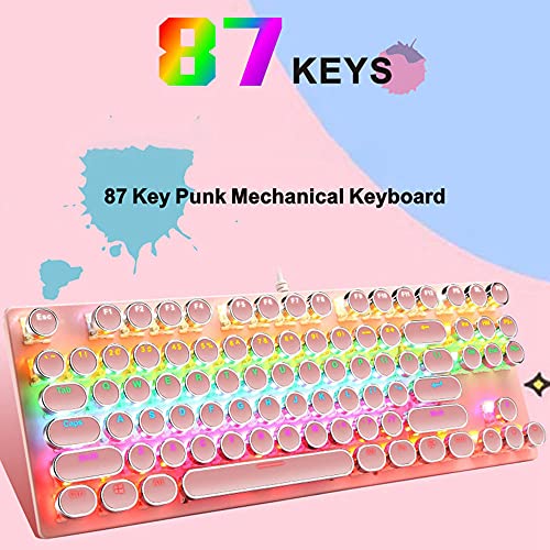 Ltvystore Mechanical Gaming Pink Keyboard,87 Key Retro Punk Typewriter-Style,Blue Switch Rgb Backlit Keyboard,Anti-Ghosting, Usb Wired, For Pc Laptop Desktop Computer, For Game And Office #TOP6