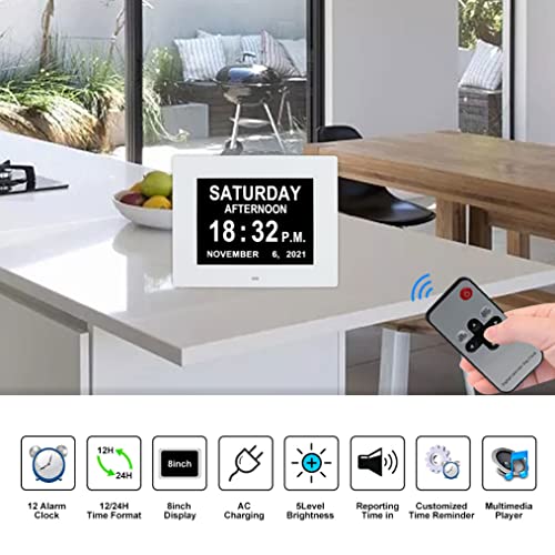 Ssini Large Display Digital Calendar Clock Elderly For Clock With Day & Date - 12 Customised Alarm Clock Options White Large Number Digital Clock For Vision Impaired, Elderly Memory Loss (8 Inch) #TOP1