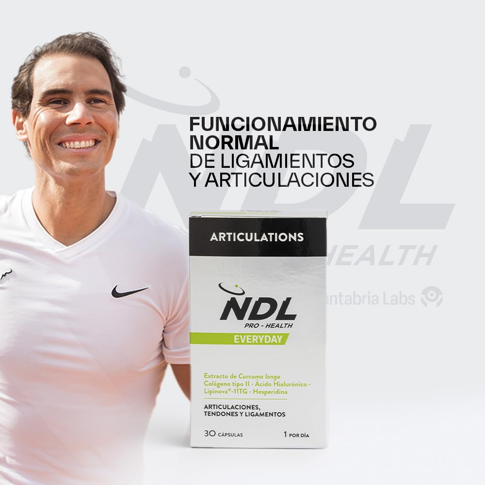 NDL Pro-Health Articulations | Colágeno Tipo II + Ácido Hialurónico + Cúrcuma + Vitamina C | Soporte para huesos, cartílagos y articulaciones | Contiene aceite de pescado | Rafa Nadal & Cantabria Labs