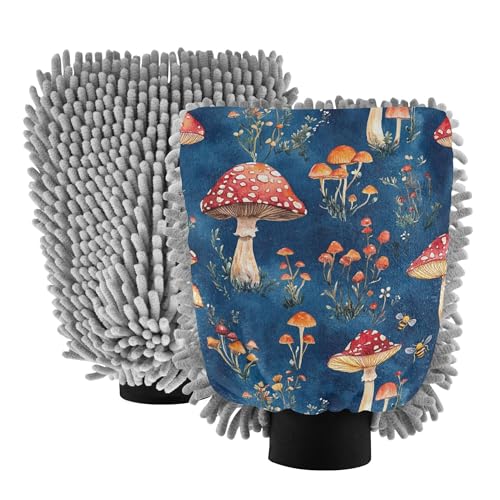 Red Mushrooms Royal Blue Car Wash Mit 2 Pack Car Washing Gloves Scratch-Free Clean Safe Mitt for Auto Cleaning