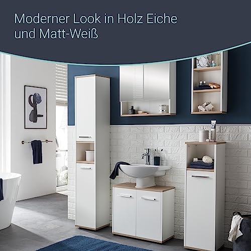 BadeDu Arc Waschbeckenunterschrank freistehend mit Chromgriffen, Badezimmerschrank mit viel Stauraum, Unterschrank aus hochwertigem Holzwerkstoff in trendigem Weiß/Eiche