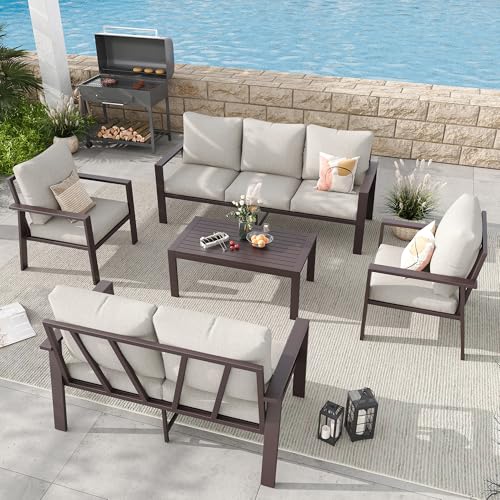 Image of 5-Piece Aluminum Patio Conversation Sets All-Weather Outdoor Furniture Sectional Sofa Modular Patio Set with 4'' Cushion Removable Covers for Porch Poolside Deck Balcony Yard