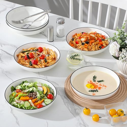 Image of MALACASA 8.85 inch Large Pasta Bowls, 42 OZ White Salad Bowls Soup Bowls, Porcelain Serving Bowls Set of 6, Ivory White with Black Rim, Microwave & Dishwasher Safe, Series REGULAR