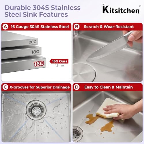Image of Double Undermount Kitchen Sinks 30 Inch, 16 Gauge T304 Stainless Steel Sink