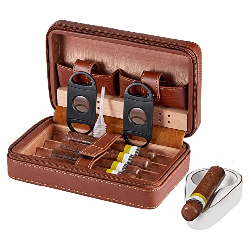Cigar Humidors, Portable Humidor For Travel And Men's Gifts, Cedar Wood Brown Leather Cigar Accessories With 6 Set（Cigar Cutter*2, Ashtray, Cleaning Pen, Blunt Splitter, Towel） #TOP6