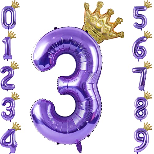 VUCDXOP 40 Pouces Ballon Chiffre 3, Ballon Chiffre Numéro 3, 3 Number Ballon Age Gonflable Anniversaire, hélium Ballon Chiffre 3, Ballons de numéro de Violet avec Couronne, décoration de Mariage