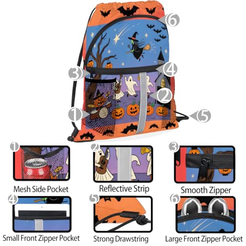 Funny Halloween Drawstring Backpack with Water Bottle Pocket Lightweight String Bag Space Bat Ghost Sports Gym Swim Sackpack for Men Women4