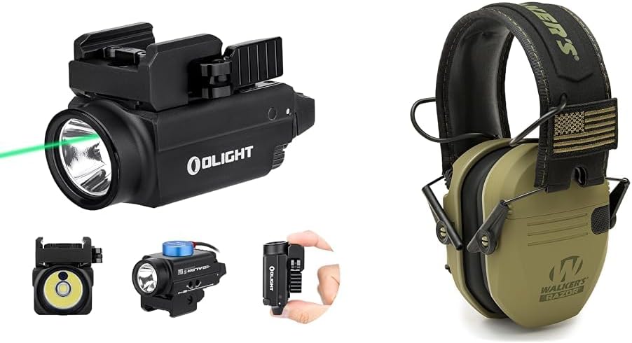 OLIGHT 800 Lumens Rail Mount Weaponlight and Green Beam Combo with Walker's Razor Slim Electronic Shooting Earmuffs Bundle