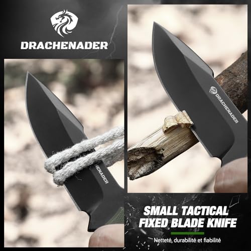 DRACHENADER Gürtelmesser EDC Messer 42a konform D2 Stahl kleines feststehendes Zweihandmesser mit Kydex Scheide, 18cm Gesamtlänge, 9cm Griff, 8cm Klinge, Full Tang, schwarze Klinge + grüner Griff – Bild 4