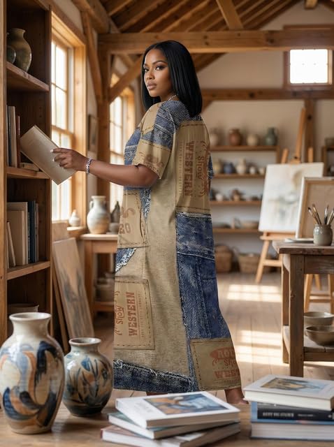 Image of SUZONANA Plus Size Denim Print Maxi Dresses for Curvy Women Casual Blue Jean Dress Summer Short Sleeve Tshirt Western Cowgirl Outfits XL