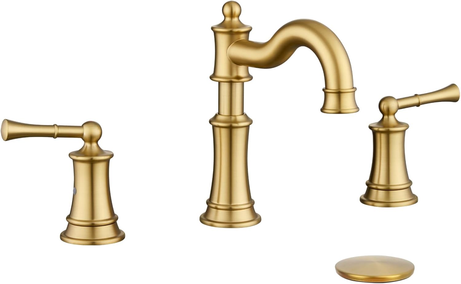 Bathroom Sink Faucet, Brushed Gold Roman Stlye Rotated Spout Vanity Basin Faucets 3 Holes 2 Handles 8 inches Widespread Deck Mount Brass Faucet for Sink with Overflow Pop Up Drain NL2204-BG