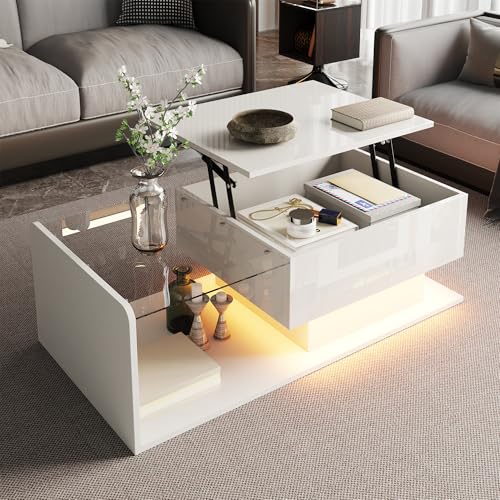 OKMYHOME Table Basse relevable avec Rangement et Éclairage LED - Finition Brillante, Panneau de Particules, 100 x 50 x 33 cm - Blanc
