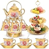 Suttmin 21 Pcs Ceramic Teapot Set Vintage Porcelain Tea Cups with Metal Holder and High Tier Cupcake Stand Saucers for Women Girls Farmhouse European Weddings Party Decor Gifts (Yellow,Vintage)