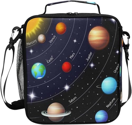 AUUXVA Kids Lunch Box, Planets Color, Unisex, 10.5x3.5x9.5 Inch, Oxford Material and Aluminum Film, Spacious, Lightweight, Adjustable Shoulder Straps,...
