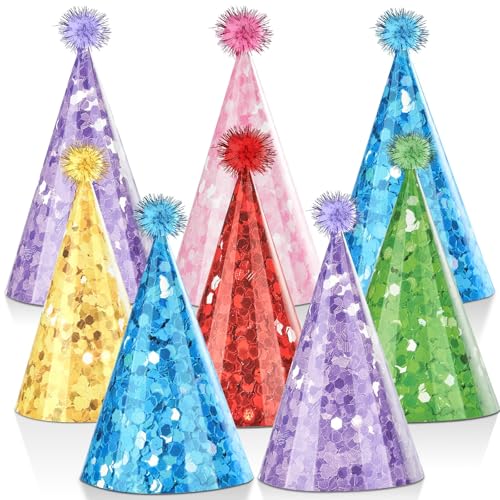 CHUNNIN 24 PCS Glitter Cone Hats Colorful Birthday Party Hat with Pompoms Glitter Cone Paper Hat Colorful Cone Paper Hats for Kids and Adults Birthday, Baby Shower, Bridal Shower Party Decorations
