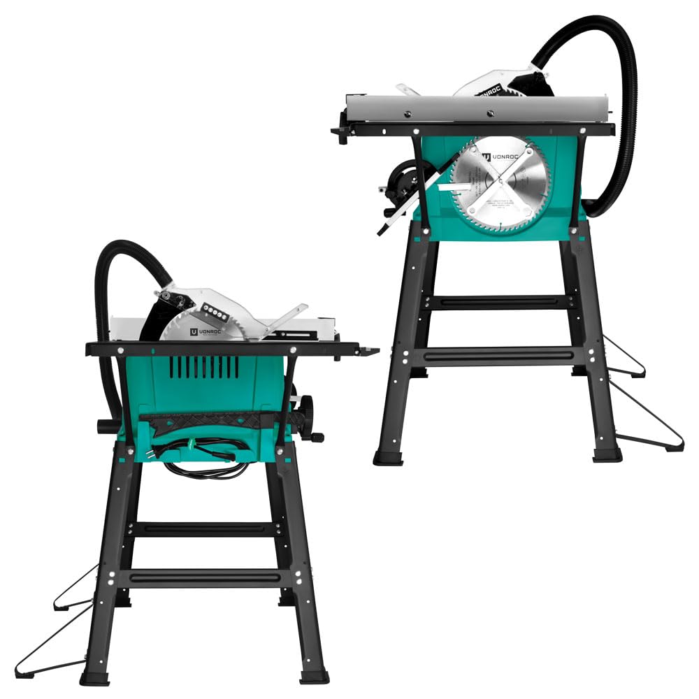 VONROC Sierra de Mesa 2000W con Soporte – | Hoja Ø250 mm 60 Dientes – 5000 RPM – Corte hasta 85 mm – Guía Paralela de Precisión – Soft Start y Extracción de Polvo