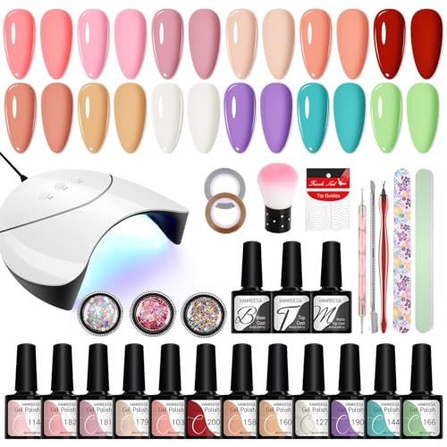 VANREESA Kit Uñas Semipermanentes 12 Colores Uñas Semipermanentes Kit Completo con Lámpara de Uñas U V 36W Set Manicura Semipermanente con Mate Top Base Coat