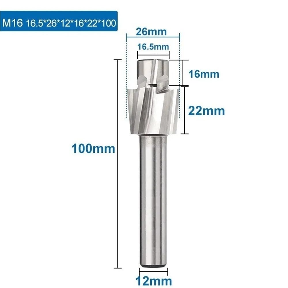 Herramienta de fresado piloto para ranurado Fresa de ranurado piloto 4 flautas, HSS, M3-M20, for taladrar madera y metal, 1 unidad(16.5x26x12x16x22x100mm)