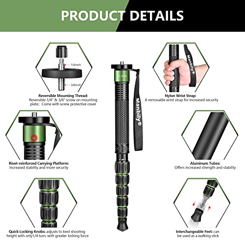 Monopods for Cameras Manbily Camera Monopod 61inches Walking Stick with Handle Portable Compact Travel Monopod Aluminum Alloy Selfie Stick 6 Sections 15.4lbs for DSLR Video Camcorder Stand (GREEN) - Image 4