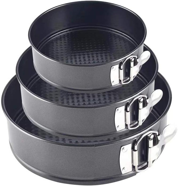 BERAM 3 Piece Non Stick Springform Cake Tin Set Heavyweight Carbon Steel Cake Pans with Teflon Coating Lockable Springform Moulds with Removable Round Bottom Round and Cheesecake Bakeware