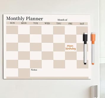 Calendar for Refrigerator 15" x 11" Beige Checkered Dry Erase Whiteboard with Monthly Planner, Includes 2 Color Markers, Perfect for Easy Planning & Appointments