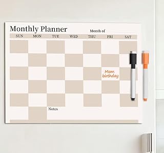 Calendar for Refrigerator – 15" x 11" Beige Checkered Dry Erase Whiteboard with Monthly Planner, Includes 2 Color Markers, Perfect for Easy Planning & Appointments