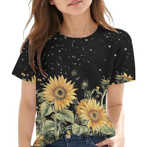 Girls Short Sleeve T-Shirts Cute Sunflower Print Boys Casual Summer Tops Loose Crewneck Basic Tees for Kids 3-14 Years