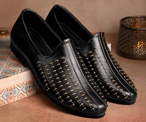 Image of LOUIS STITCH Men's Ethnic Slip On Striped Mojaris | Stylish Nagra Juti for Men | Lightweight and Comfortable Stylish Jutis and Mojaris for Kurta Pajama | LSAXNGMS
