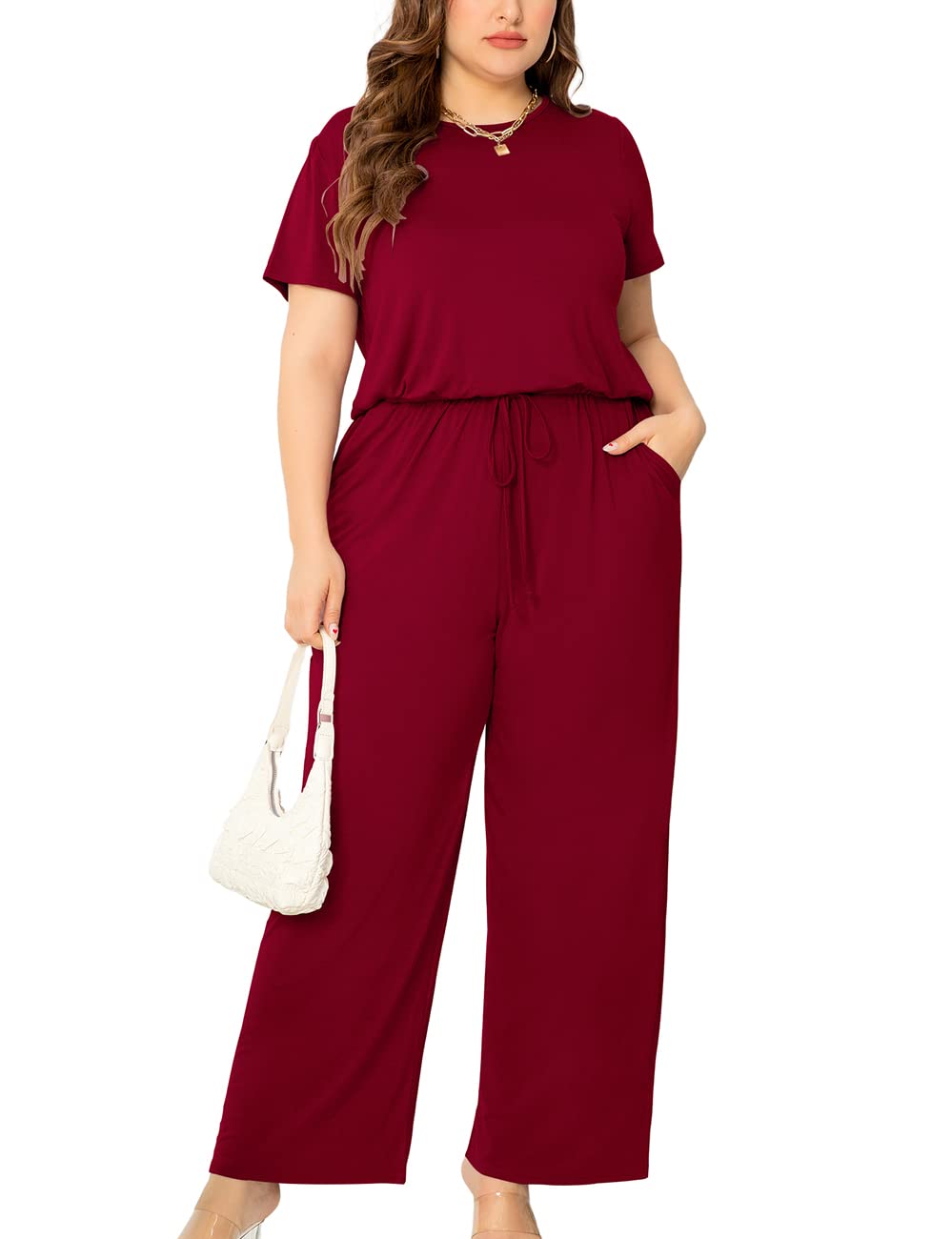 peassaWomen Plus Size Summer Short Sleeve Wide Leg Casual Jumpsuits with Pockets