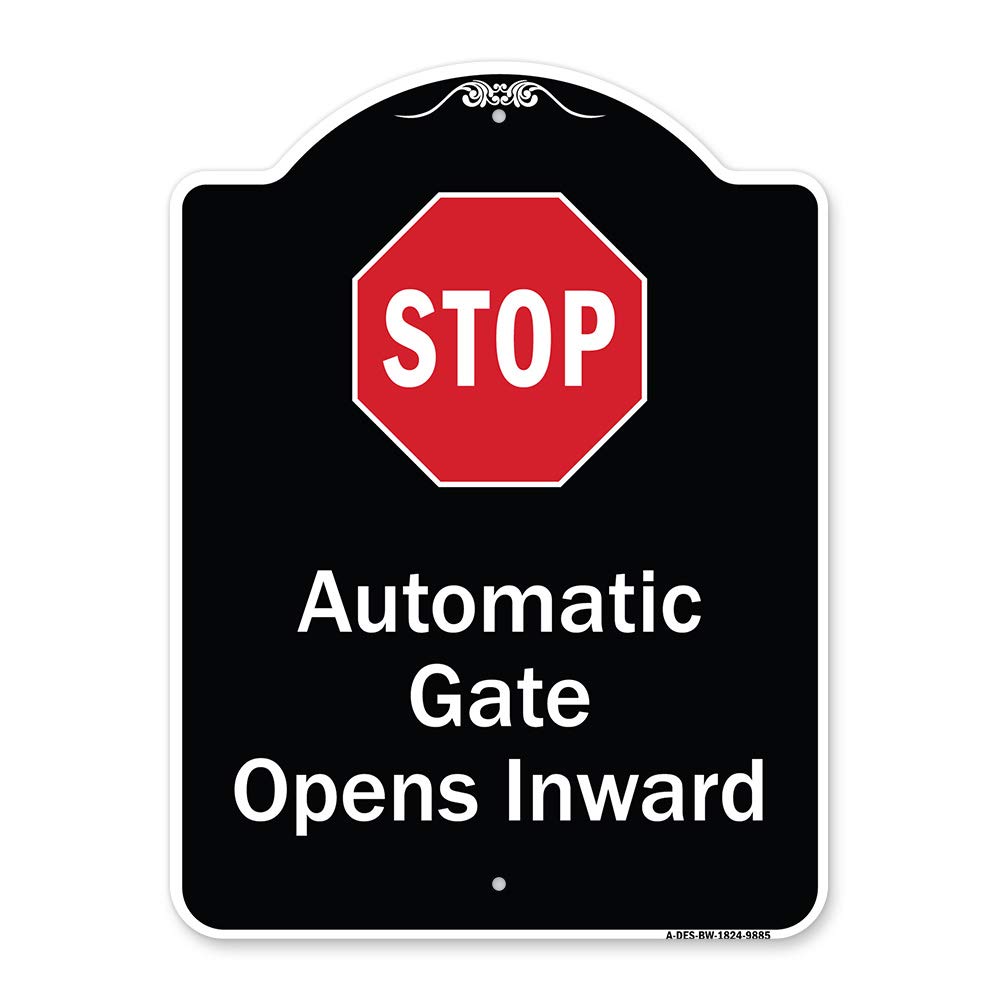 Photo 1 of SignMission Designer Series Sign - Stop, Automatic Gate, Opens Inward with Symbol Heavy-Gauge Aluminum Architectural Sign | Protect Your Business | Made in The USA Black & White