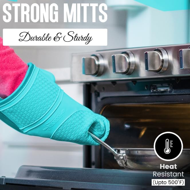 Miniatura 4 de Guantes de horno de silicona resistentes al calor, 500F - 14.5 pulgadas, extra largos, diseño de agarre, guantes de horno de silicona con forro