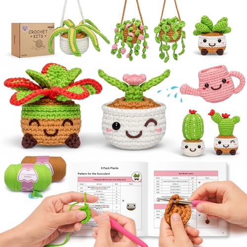 Image of Mewaii Crochet Kit for Beginners,9PCS Crocheting Plant Kit with Step-by-Step Video Tutorial,DIY Easy Knitting Kit with 40% Extra Peasy Yarn for Adults & Kids