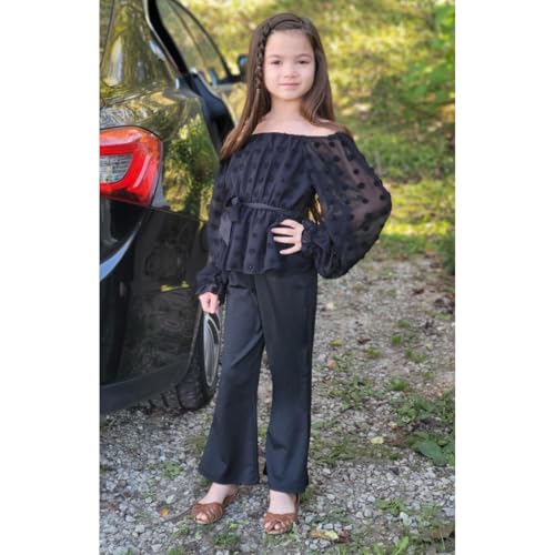 Image of HIHA Girls Fall Clothes Long Sleeve Chiffon Swiss Dot Top Black Flare Legging Pants Set