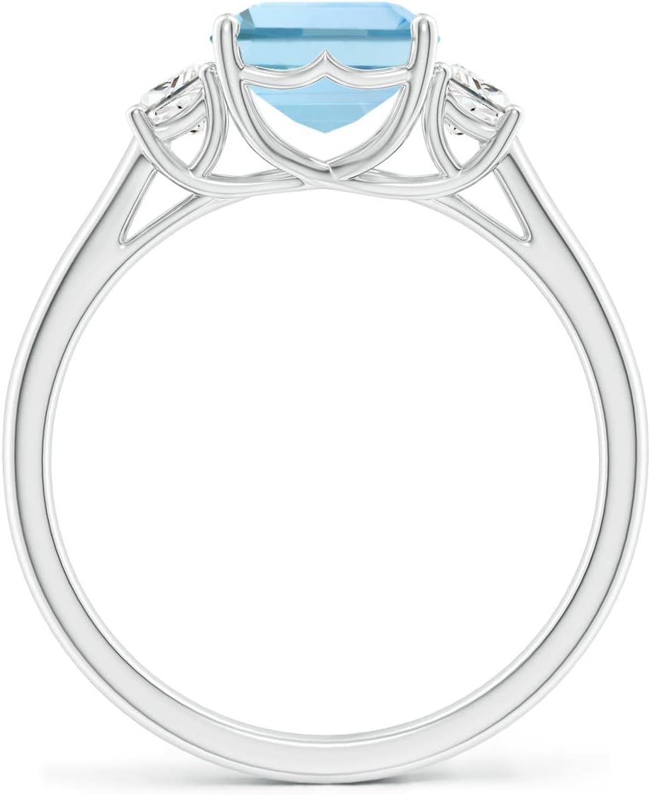 Angara Natural Aquamarine Engagement Ring for Women | Three Stone Emerald-Cut Aquamarine and Diamond Ring in 14K Solid Gold/Platinum | March Birthday, Gemstone Jewellery Gift - Image 2
